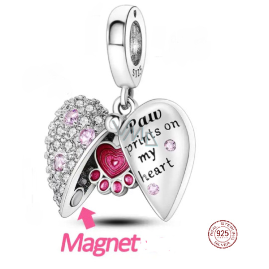 Charm Sterlingové stříbro 925 Otisky tlapky na mém srdci, přívěsek srdce na náramek mazlíček