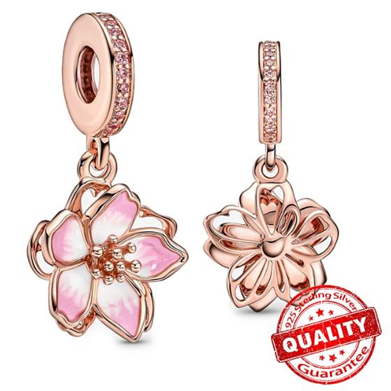 Charm Třešňový květ pozlacený v barvě rose, přívěsek na náramek květina