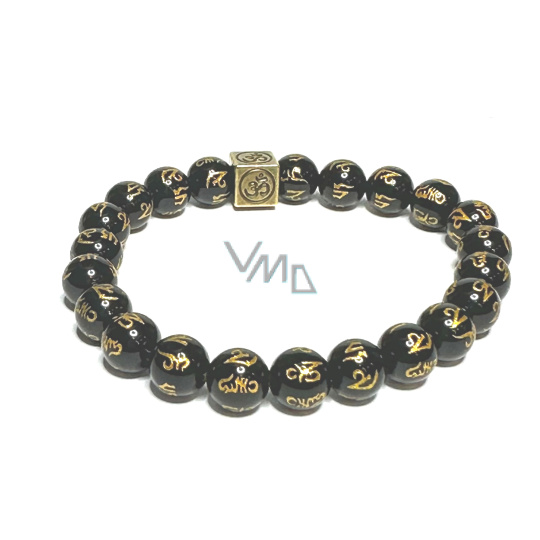 Achát černý s královskou mantrou Óm náramek elastický přírodní kámen, kulička 8 mm / 16 - 17 cm, dodává odvahu a sílu