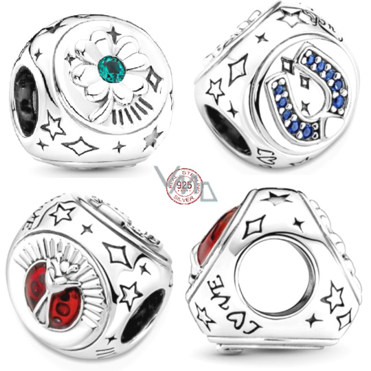 Charm Sterlingové stříbro 925 Čtyřlístek, podkova a beruška 3v1, korálek na náramek štěstí Charm Sterlingové stříbro 925 Čtyřlístek, podkova a beruška 3v1, korálek na náramek štěstí