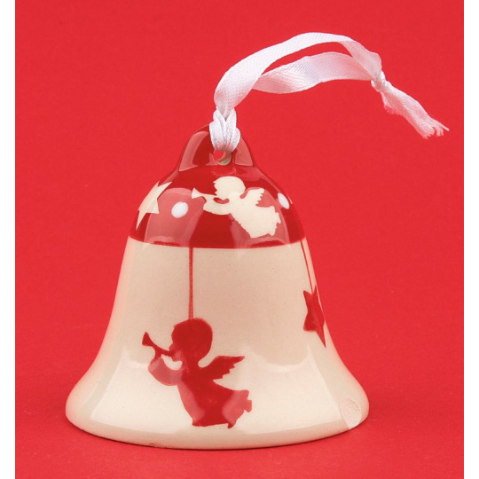 Zvonek keramický s červenými anděly a hvězdami 6,5 cm