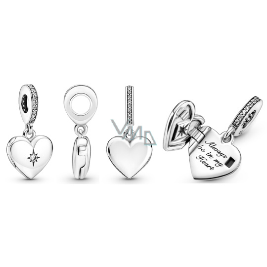 Charm Srebrna 925 Sercowy medalion otwierający, zawieszka na bransoletkę miłość