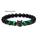 Onyx černý matný + Tygří oko zelené + Vlčí hlava náramek elastický přírodní kámen, kulička 8 mm / 21 cm