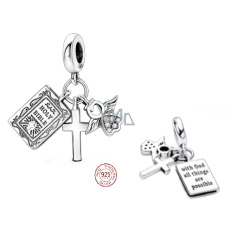 Charm Sterlingové stříbro 925 Náboženská kouzla, První přijímání, křest - Bible s bohem jsou všechny věci možné, 3v1 přívěsek na náramek