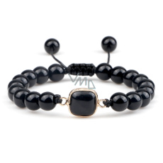 Obsidian + Geometrický přívěsek, ručně pletený, nastavitelná velikost, kulička 8 mm, kámen záchrany Obsidian + Geometrický přívěsek, ručně pletený, nastavitelná velikost, kulička 8 mm, kámen záchrany