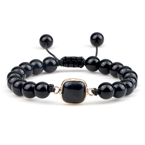 Obsidian + Geometrický přívěsek, ručně pletený, nastavitelná velikost, kulička 8 mm, kámen záchrany