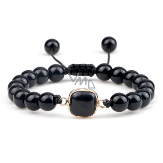 Obsidian + Geometrický přívěsek, ručně pletený, nastavitelná velikost, kulička 8 mm, kámen záchrany Obsidian + Geometrický přívěsek, ručně pletený, nastavitelná velikost, kulička 8 mm, kámen záchrany