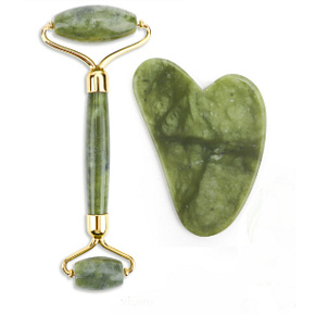Nefrit Gua Sha 5 x 8 cm + váleček masážní 14 x 5,5 cm redukuje vrásky, otoky, zlepšuje pružnost pokožky, sada bez obalu