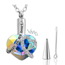 Pamětní, pietní urnový přívěsek, Srdce, voděodolné, nerezová ocel modré - Navždy v tvém srdci, 20 x 30 mm