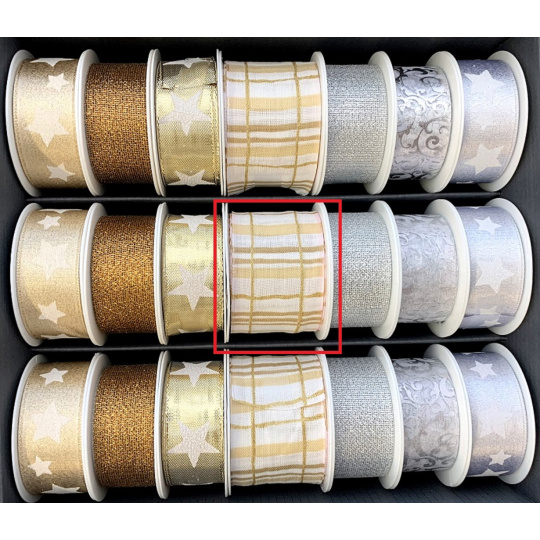 Nekupto Karácsonyi textilszalag Fehér barna és arany csíkokkal 40 mm x 2 m