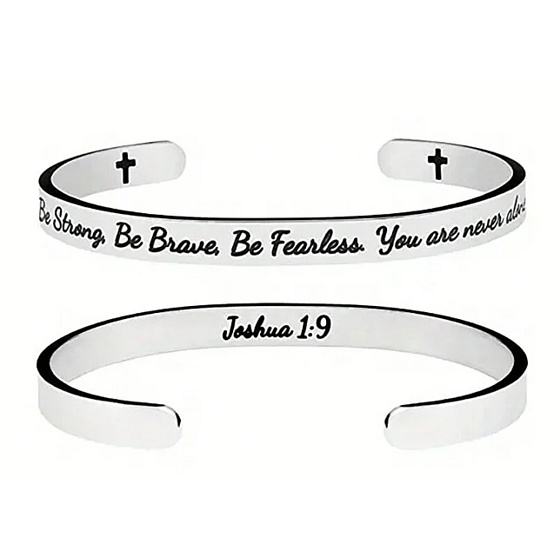 Nerezová ocel náramek stříbrný s gravírováním Buď silný, buď statečný..., otevřená manžeta, 6 mm