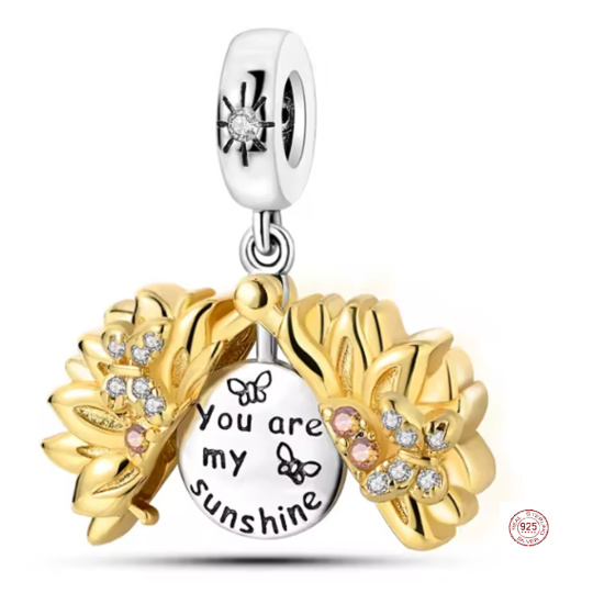 Charm Sterlingové stříbro 925 Rozkvetlá slunečnice s nápisem-jsi moje sluníčko pozlacené, přívěsek na náramek květina
