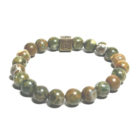 Ryolit s královskou mantrou Óm náramek elastický přírodní kámen, kulička 8 mm / 16 - 17 cm, kámen jasného vědomí