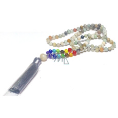 108 Mala 7 čakrový náhrdelník, Amazonit, meditační šperk, přírodní kámen vázaný, elastický, střapec 8 cm, korálek 6 mm