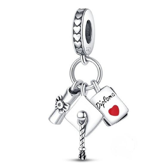 Charm Graduation - čepice, diplom pergamen, 3v1 Absolvent přívěsek na náramek, gradace