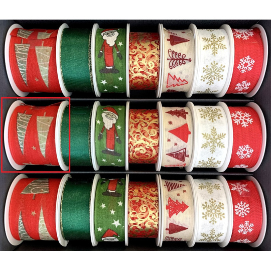 Nekupto Stuha látková vánoční Červená se stromky 40 mm x 2 m