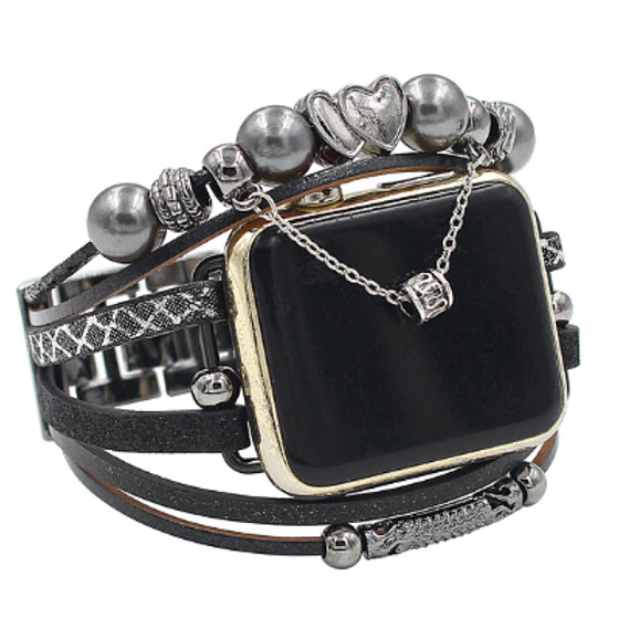 Apple Watch řemínek na hodinky ručně vyráběný Černý + korálky + srdce, velikost 42/44/45 mm