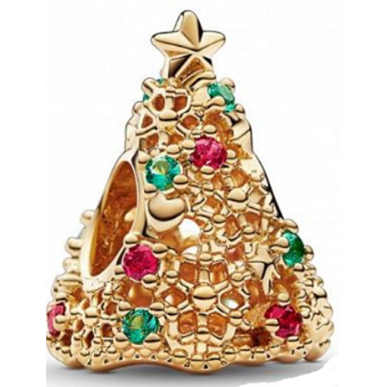 Charm Třpytivý vánoční stromeček zlatý, korálek na náramek vánoce