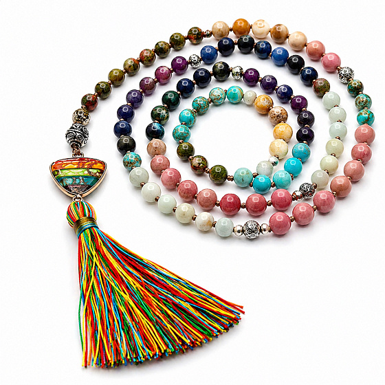 108 Mala 7 čakrový náhrdelník, DEN meditační šperk, přírodní kámen, elastický, střapec 8 cm, korálek 6+8 mm