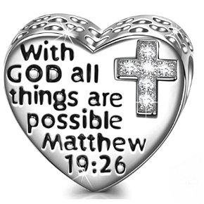 Charm Duchovní symbol, Matouš 19.26 s kubickým zirkonovým křížem, korálek na náramek