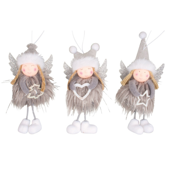 Anděl šedý se střapatou sukýnkou na zavěšení 12 cm 1 kus různé druhy
