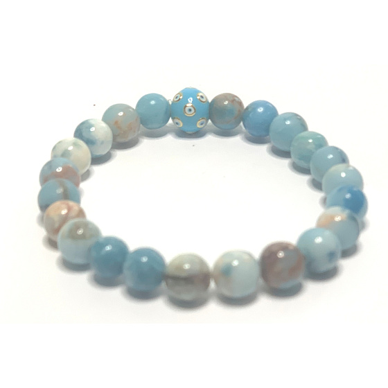 Larimar náramek elastický přírodní kámen, kulička + modré oko 8 mm / 16 - 17 cm, kámen bájné Atlantidy