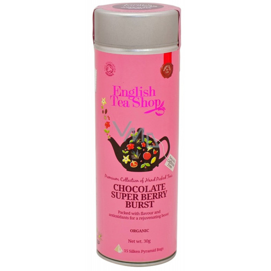 English Tea Shop Bio Čokoláda a Super ovoce 15 kusů bioodbouratelných pyramidek čaje v recyklovatelné plechové dóze 30 g