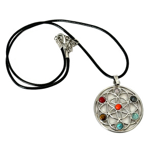 7 čaker přívěsek energetický - symbol Květ života se semenem života přírodní korálky 4 cm + řetízek 45 cm