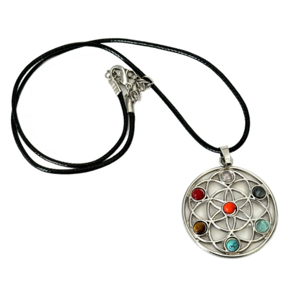 Energetický přívěsek 7 čaker s motivem Květ života a semeno života, přírodní korálky, velikost 4 cm, včetně řetízku 45 cm
