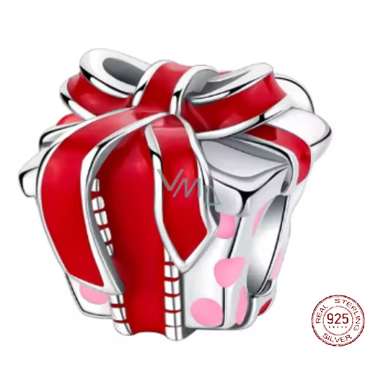 Charm Sterlingové stříbro 925 Dárek s červenou stuhou, symbol radosti a lásky, korálek na náramek vánoce