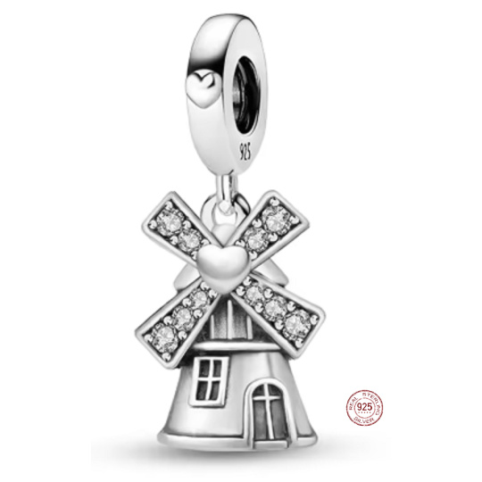 Charm Sterlingové stříbro 925 Větrný mlýn – domov, klid a láska, korálek na náramek symbol