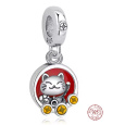 Charm Sterlingové stříbro 925 Japonská Maneki Neko s mincemi, kočky štěstí talisman bohatství a úspěchu, přívěsek na náramek cestování