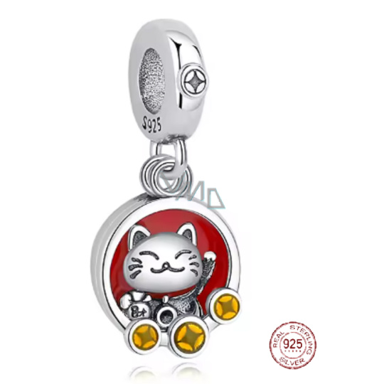 Charm Sterlingové stříbro 925 Japonská Maneki Neko s mincemi, kočky štěstí talisman bohatství a úspěchu, přívěsek na náramek cestování