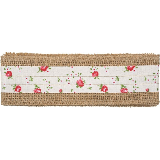 Stuha z juty s béžovým pruhem a kytkami šířka 6 cm, 2 m