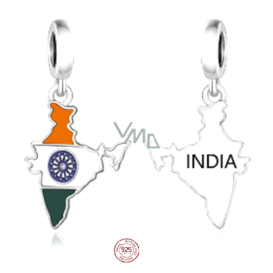 Charm Sterlingové stříbro 925 Indie vlajka - houpající se mapa, přívěsek na náramek cestování Charm Sterlingové stříbro 925 Indie vlajka - houpající se mapa, přívěsek na náramek cestování