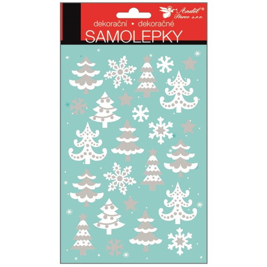Samolepky bílé se stříbrnými glitry stromy 25 x 14 cm