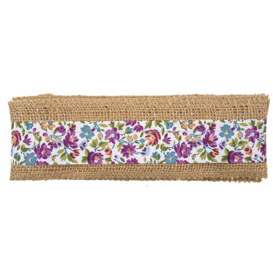 Stuha z juty s fialovými a modrými kytkami šířka 6 cm, 2 m