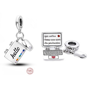 Charm Počítač + myš, zirkony, 2v1 otevírací přívěsek na náramek zájmy