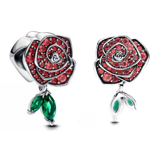 Charm Třpytivé kvetoucí červené růže, korálek na náramek květina Charm Třpytivé kvetoucí červené růže, korálek na náramek květina