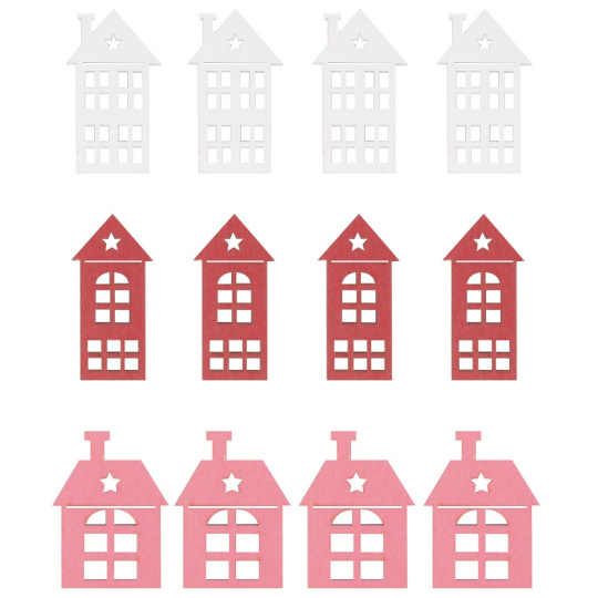 Domečky dřevěné Bílá, růžová, červená 4 cm 12 kusů v sáčku