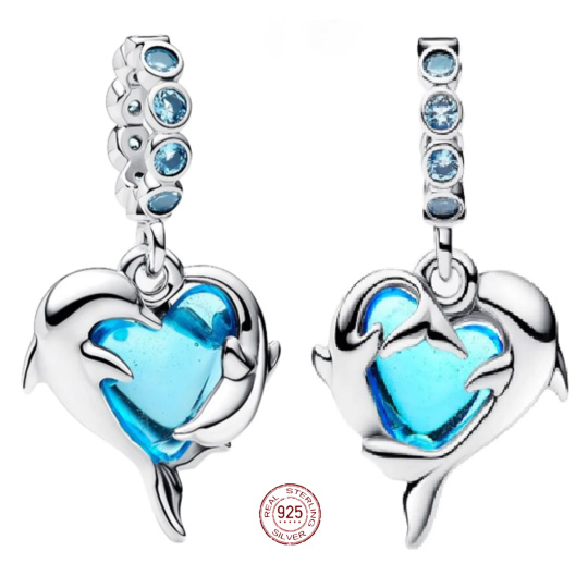 Charm Sterlingové stříbro 925 Srdce chráněné delfíny s modrým krystalem, přívěsek na náramek moře