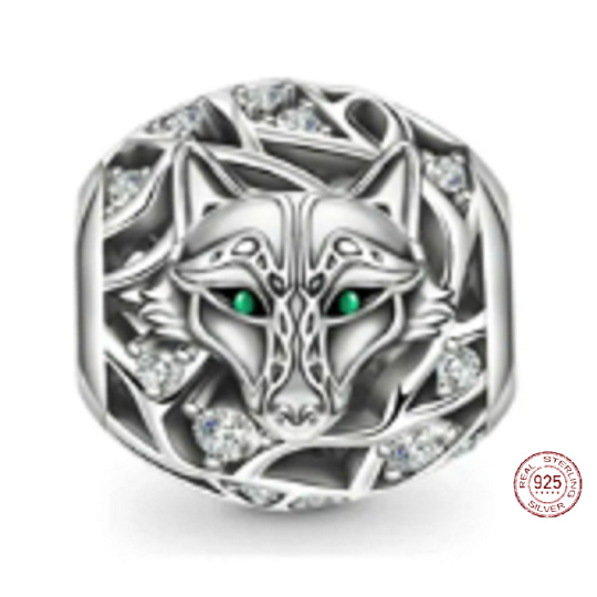 Charm Sterlingové stříbro 925 Vlk, zelené oči, korálek na náramek zvíře