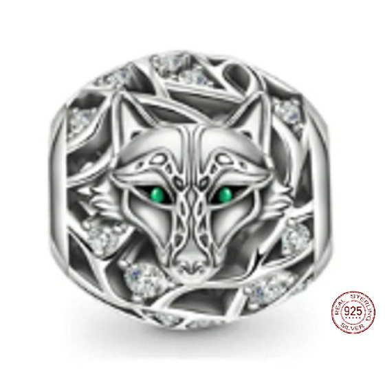 Charm Vlk, zelené oči, korálek na náramek zvíře