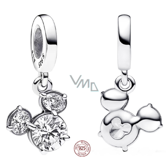Charm Sterlingové stříbro 925 Disney Mickey Mouse třpytivá silueta hlavy, zirkony bílé, přívěsek na náramek, film Charm Sterlingové stříbro 925 Disney Mickey Mouse třpytivá silueta hlavy, zirkony bílé, přívěsek na náramek, film