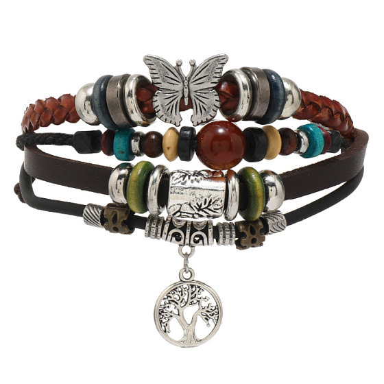 Kožený vícevrstvý náramek, symbol Strom života + motýl, nastavitelná velikost
