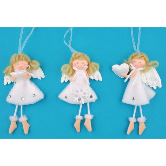 Anděl plyšový bílý s nožkama na zavěšení různé druhy 14 cm