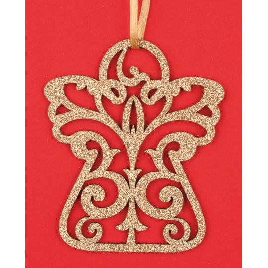 Anděl dřevěný zlatý glitr, na zavěšení 10 cm Anděl dřevěný zlatý glitr, na zavěšení 10 cm