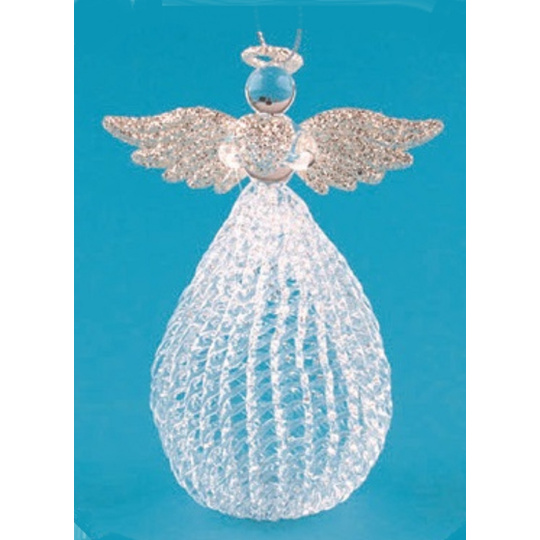 Anděl skleněný s baňatou sukní na postavení 10 cm