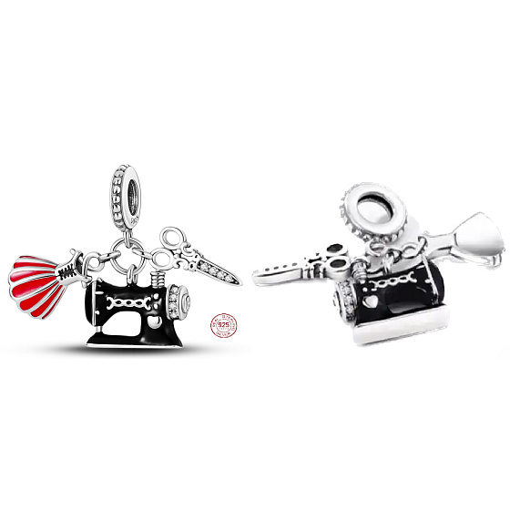 Charm Šicí přívěsek - šicí stroj, šaty, nůžky 3v1, přívěsek na náramek zájmy