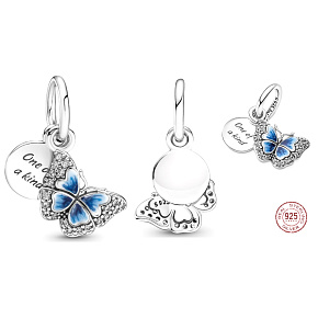 Charm Modrý motýl a citát - jediný svého druhu, 2v1 přívěsek na náramek příroda